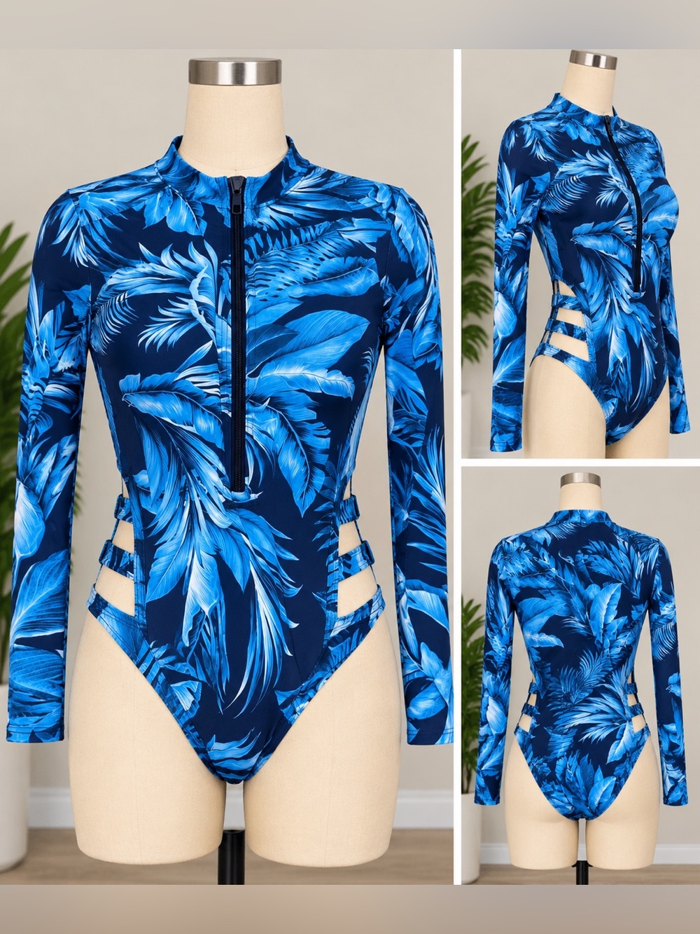 Fashion Nova blue tropical-leaf print one-piece swimsuit with long sleeves